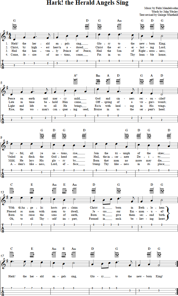 Hark! the Herald Angels Sing : Ukulele Chords, Sheet Music, Tab, Lyrics